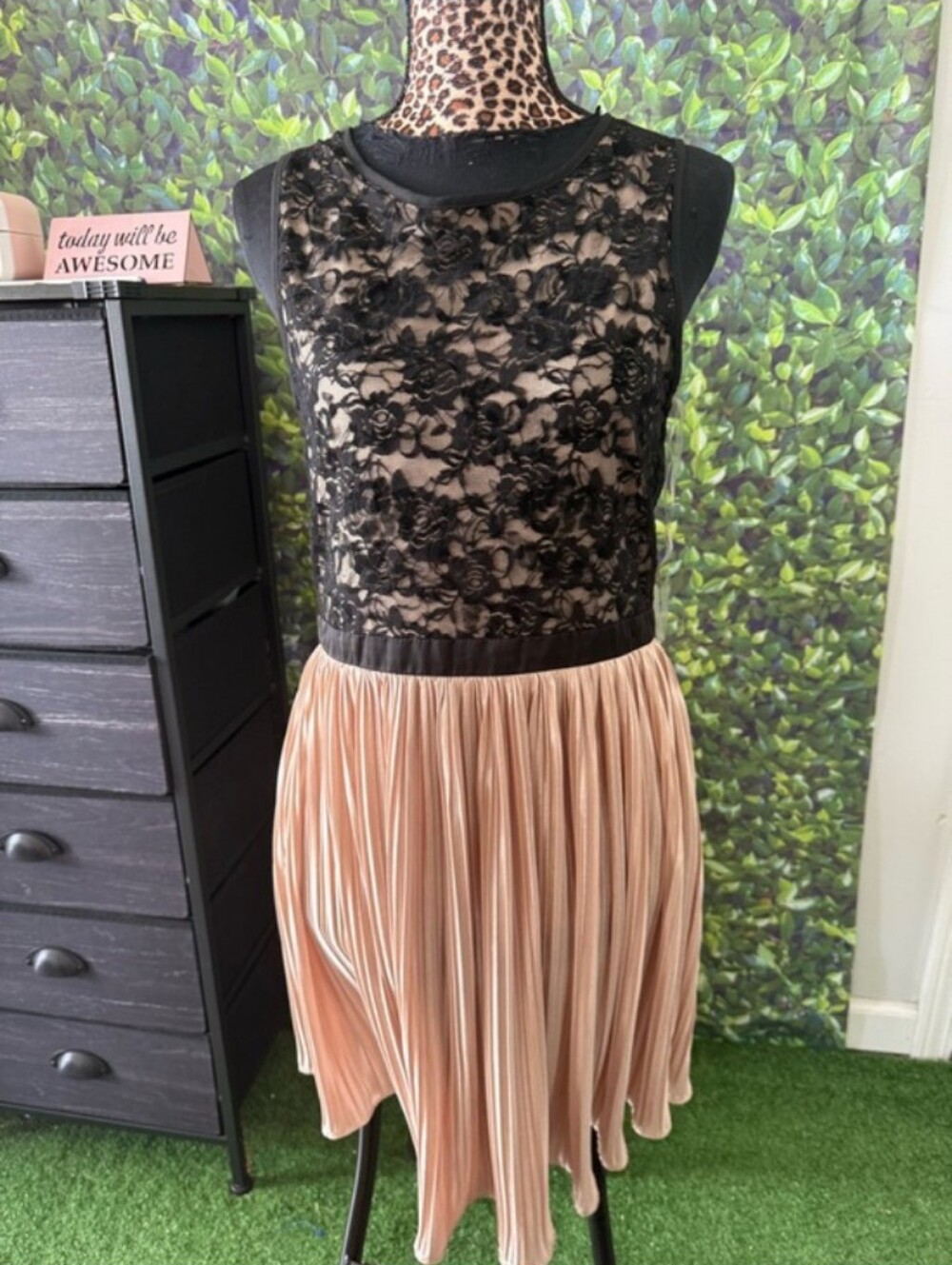 REWIND Pleated Satiny Champaigne Skirt & Black Lace  Bodice Sleeveless Dress